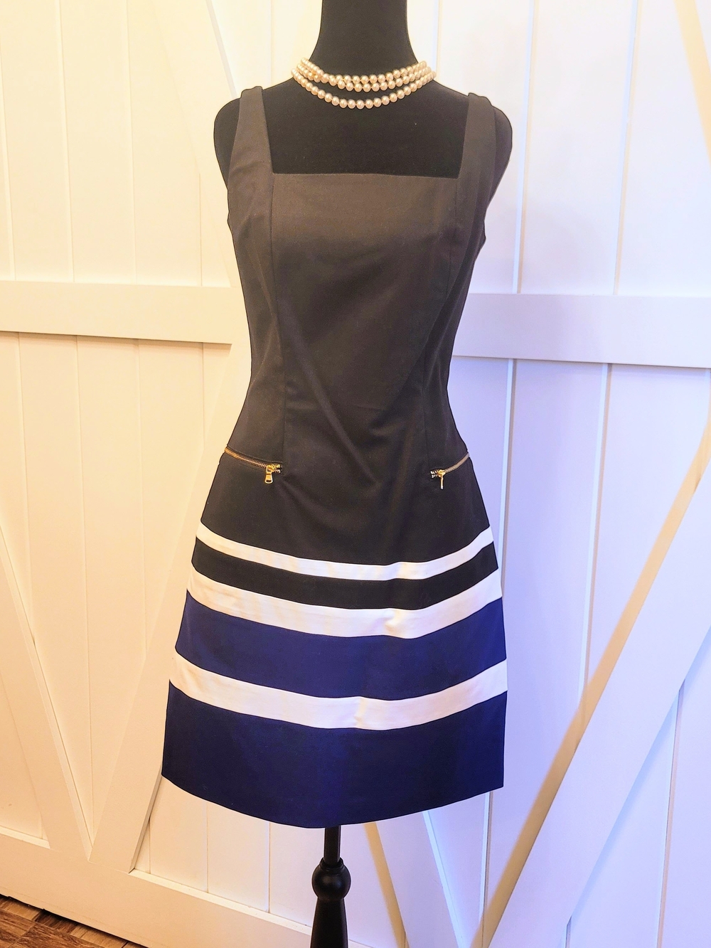 Ralph Lauren Black, White & Navy Striped Sleeveless Sheath Dress